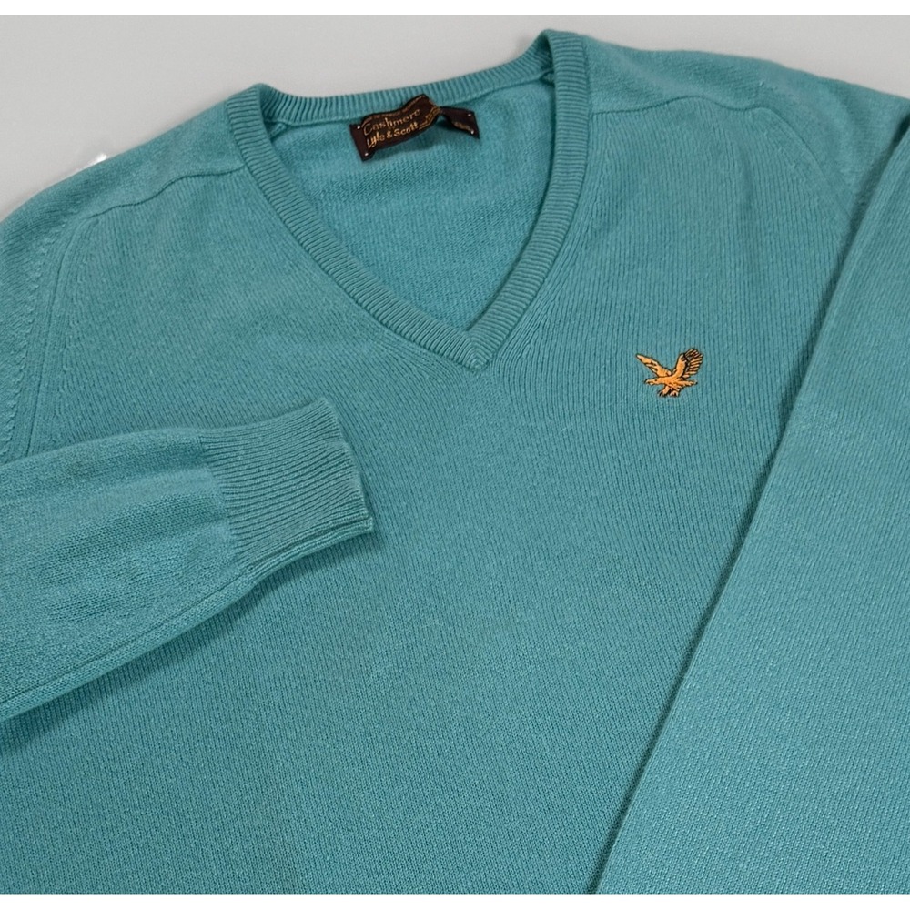 Lyle & Scott 100% Cashmere Teal Mens V-Neck Pullover Sweater -Sz 44 Large-XL